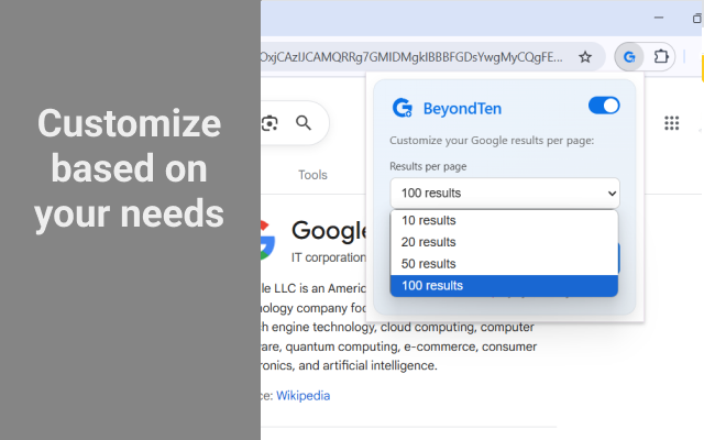 BeyondTen: Show 100 Google Search Results Per Page Instantly - 截图 2