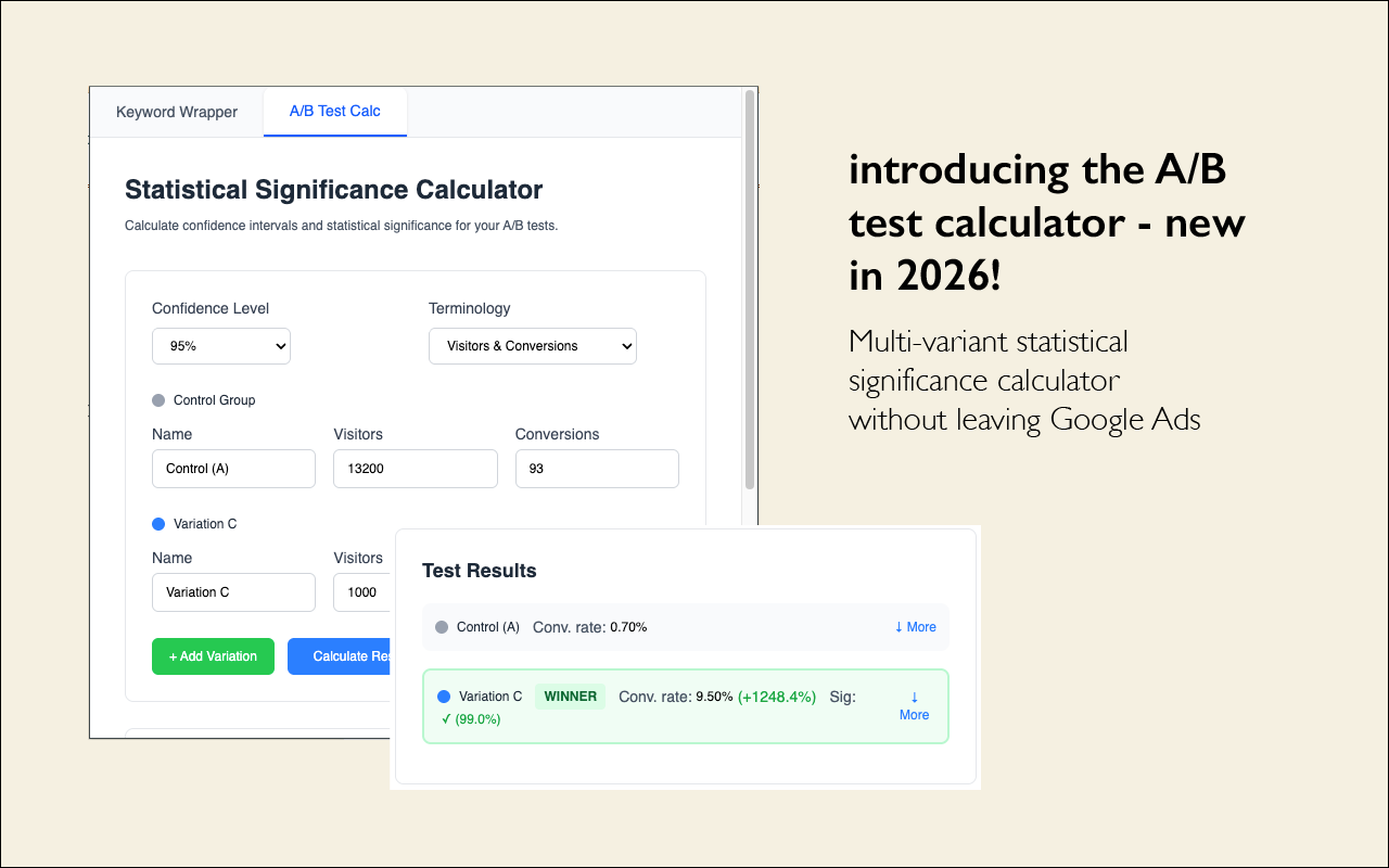 PPC Keyword Wrapper with A/B Test Calculator - 截图 1