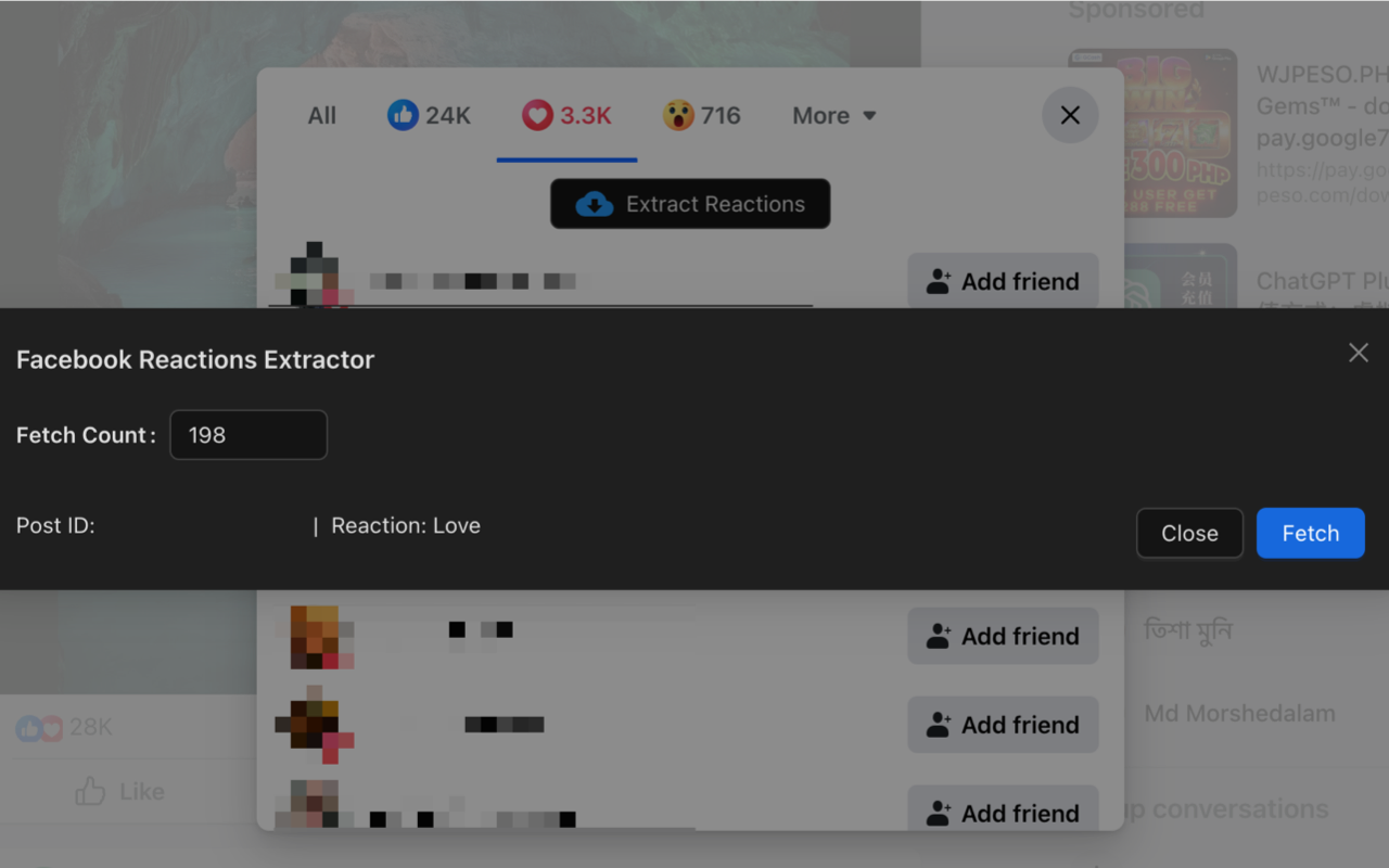 FB Reaction 导出器 - 提取 Facebook 帖子的赞,喜欢等 - 截图 3