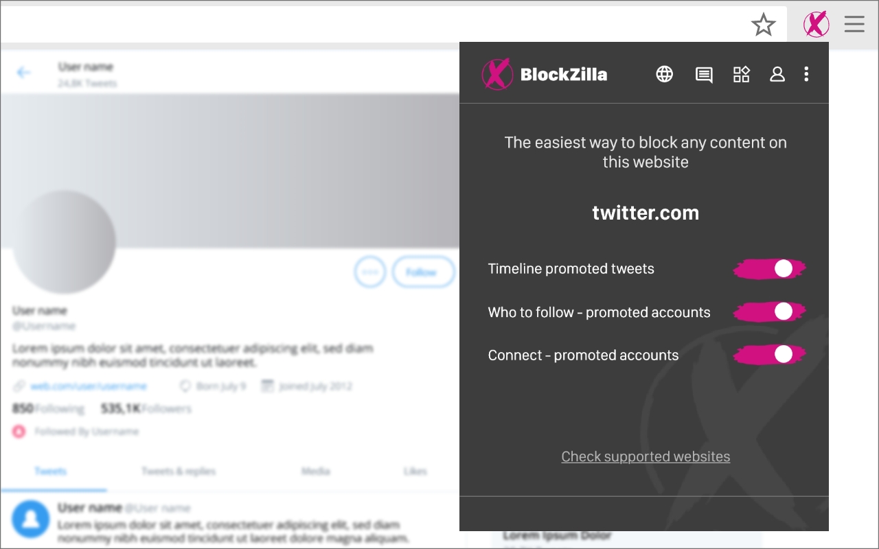 BlockZilla - 隐藏赞助的帖子和推文 - 截图 1