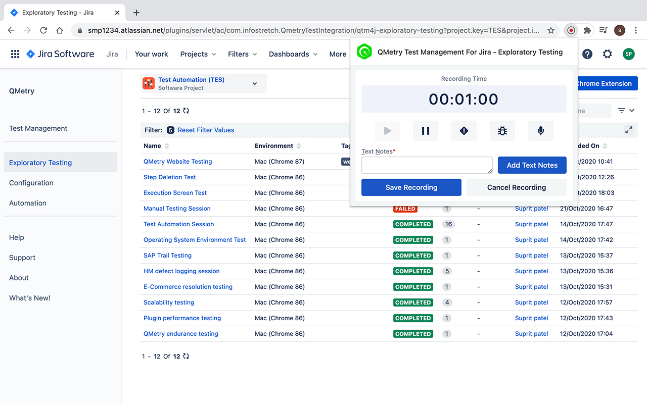 QMetry for Jira (QTM4J) - Exploratory Testing - 截图 2