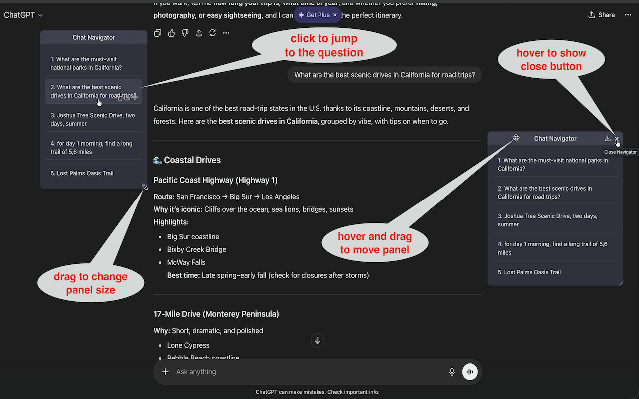 AI Chat Navigator: 侧边栏导航、思维导图与导出工具 - 截图 2