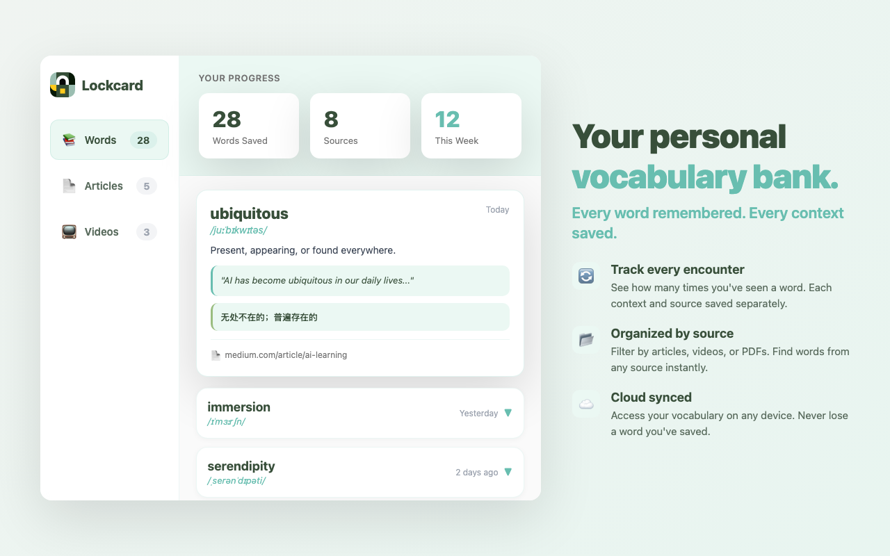 Lockcard - Vocabulary Builder from YouTube, Articles & More - 截图 3