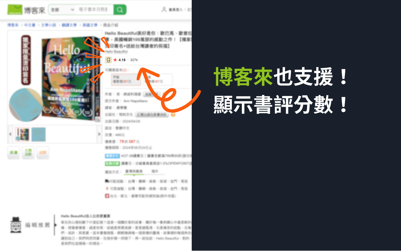 顯示書評分數 | 在 博客來,讀冊,Kobo,Pchome書店顯示 Goodreads 書評分數 - 截图 4
