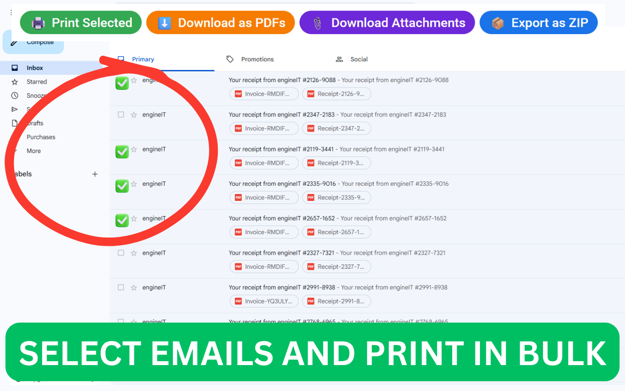 Gmail Bulk Print Selected: Email PDFs & ZIP & DOWNLOAD ATTACHMENTS - 截图 1
