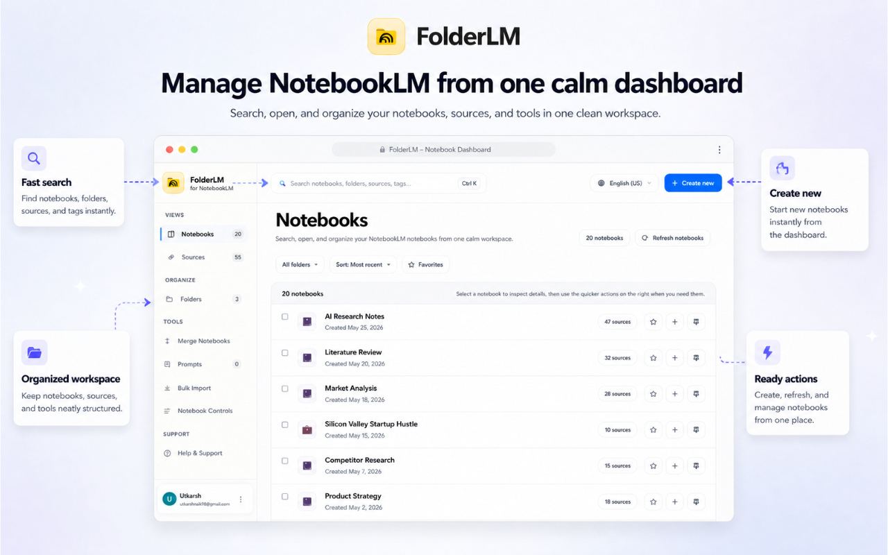 FolderLM: NotebookLM Folders, Bulk Import, Merge Sources & Prompts - 截图 1