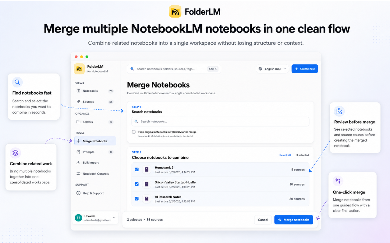 FolderLM: NotebookLM Folders, Bulk Import, Merge Sources & Prompts - 截图 2