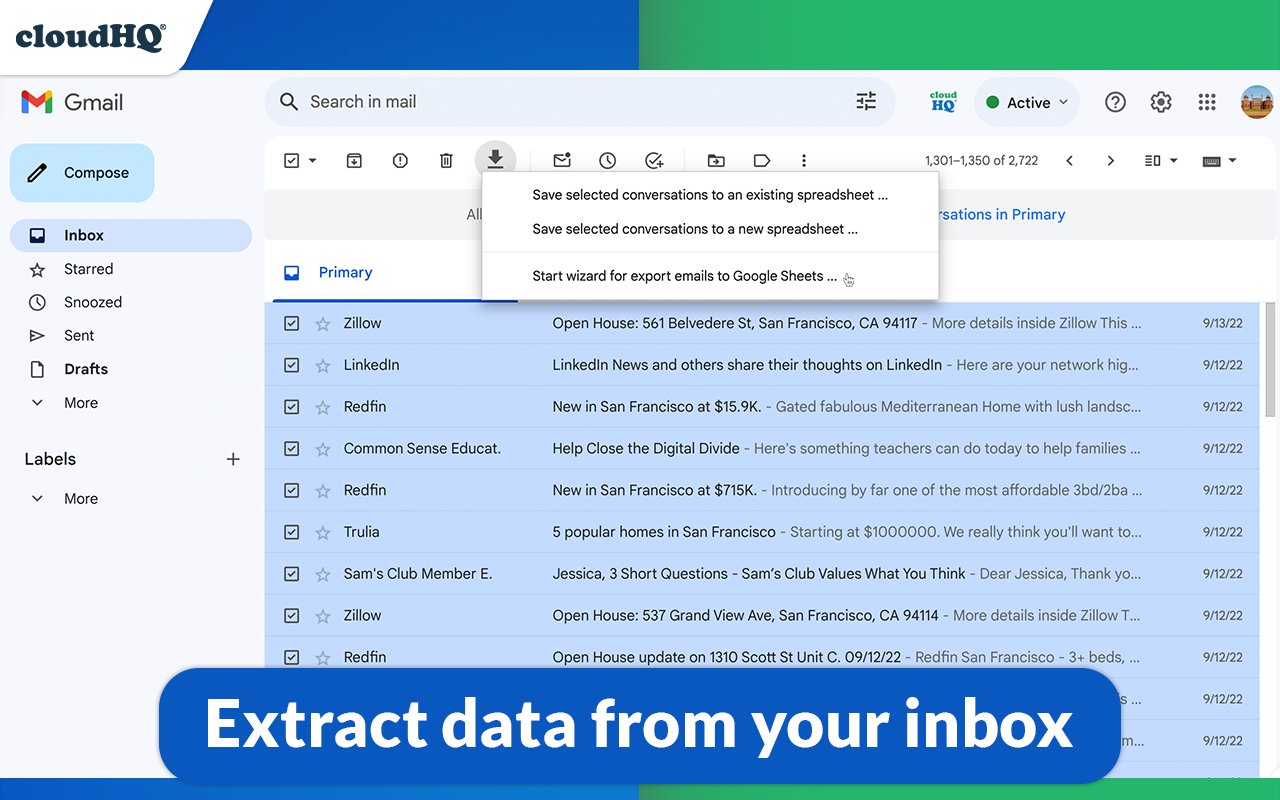 Export Emails to Sheets by cloudHQ - 截图 1