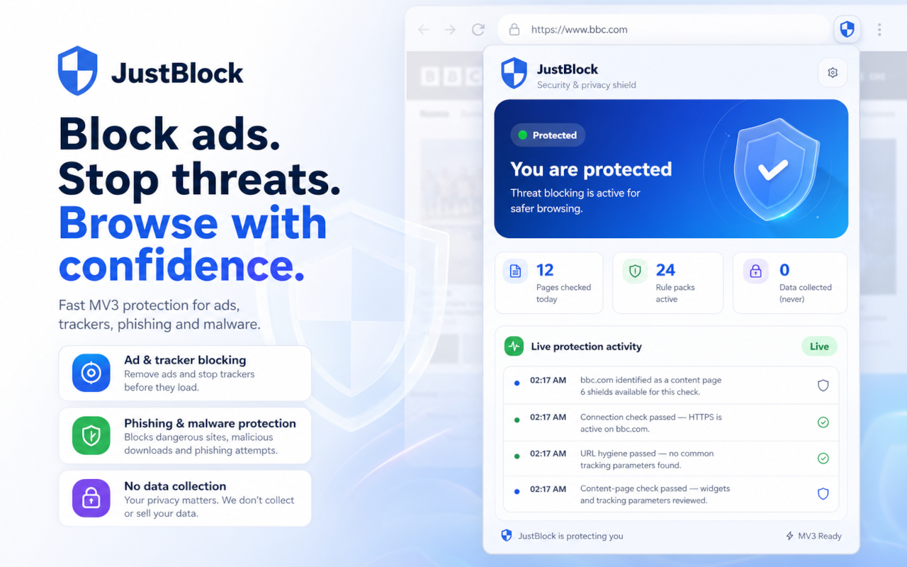 JustBlock Security – Ad Blocker, Malware & Phishing Protection - 截图 1