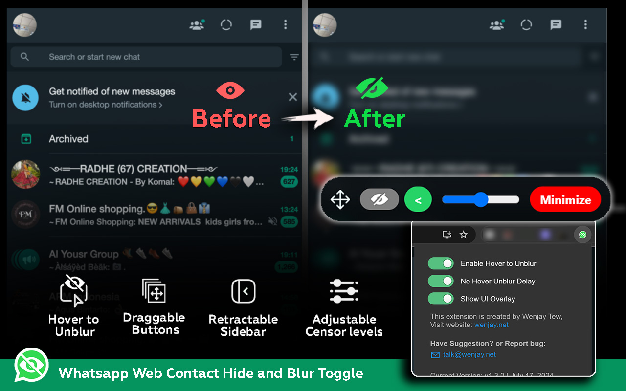 Whatsapp Web Contact Hide and Blur Toggle - 截图 4