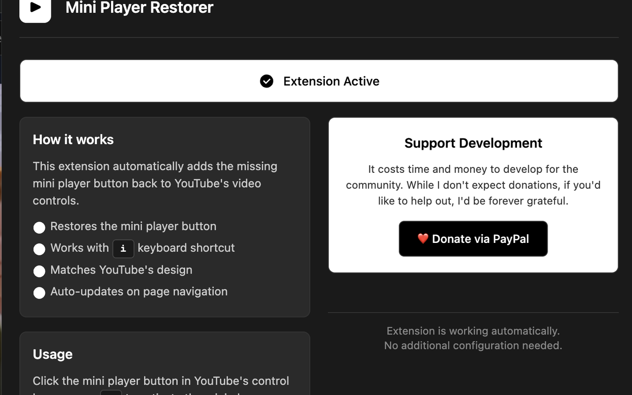 YouTube Mini Player Button Restorer - 截图 2