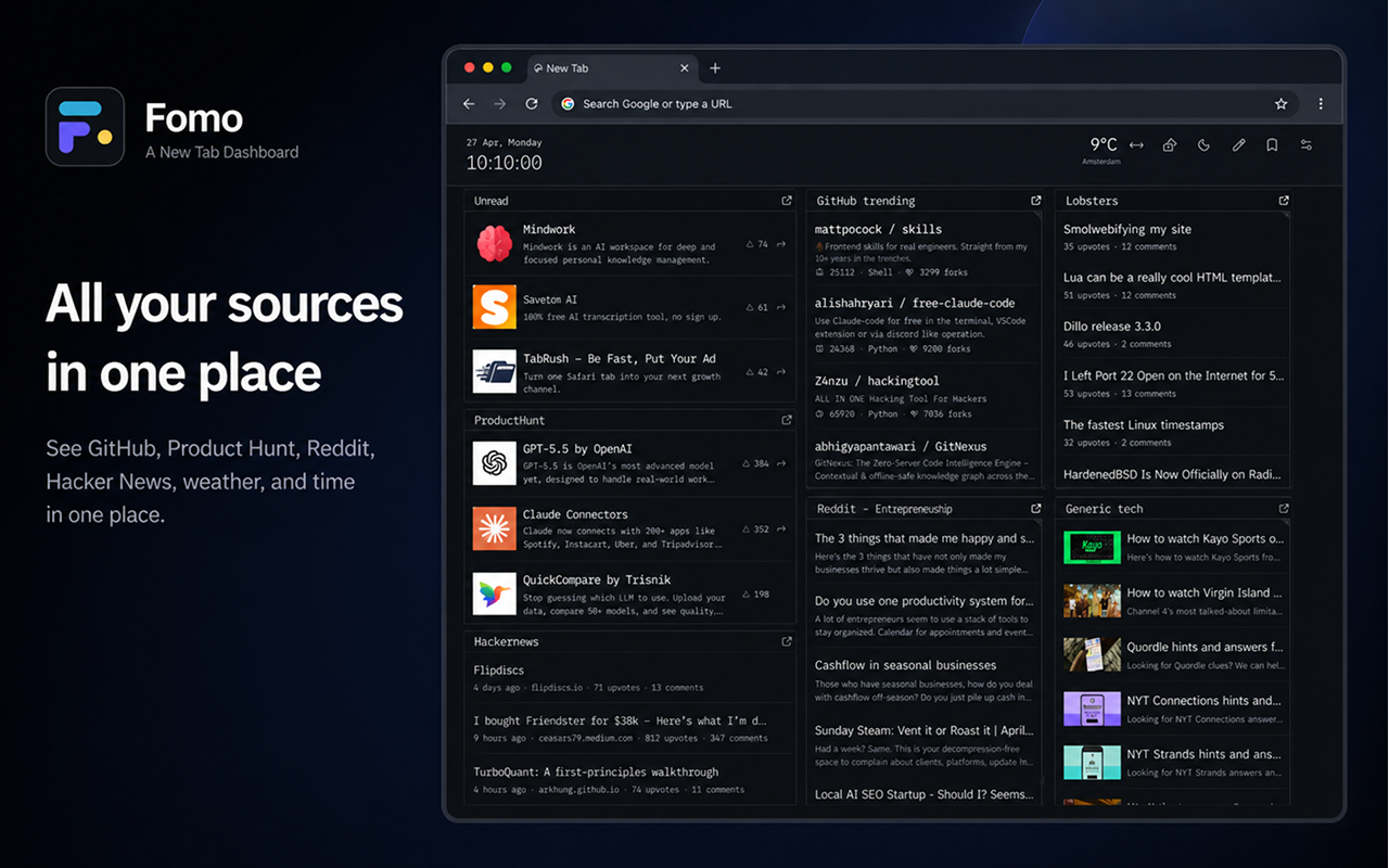 FOMO - A new-tab dashboard made for you - 截图 1