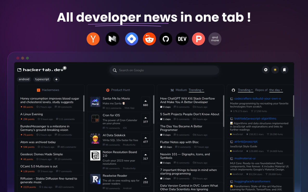 Hackertab – Dev News & GitHub in New Tab - 截图 4
