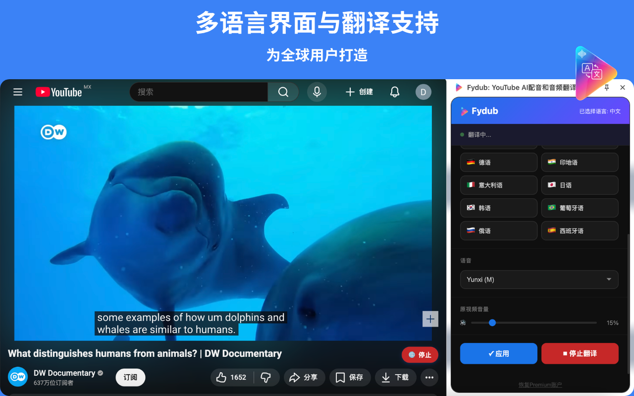Fydub: YouTube AI配音和音频翻译器 - 截图 2