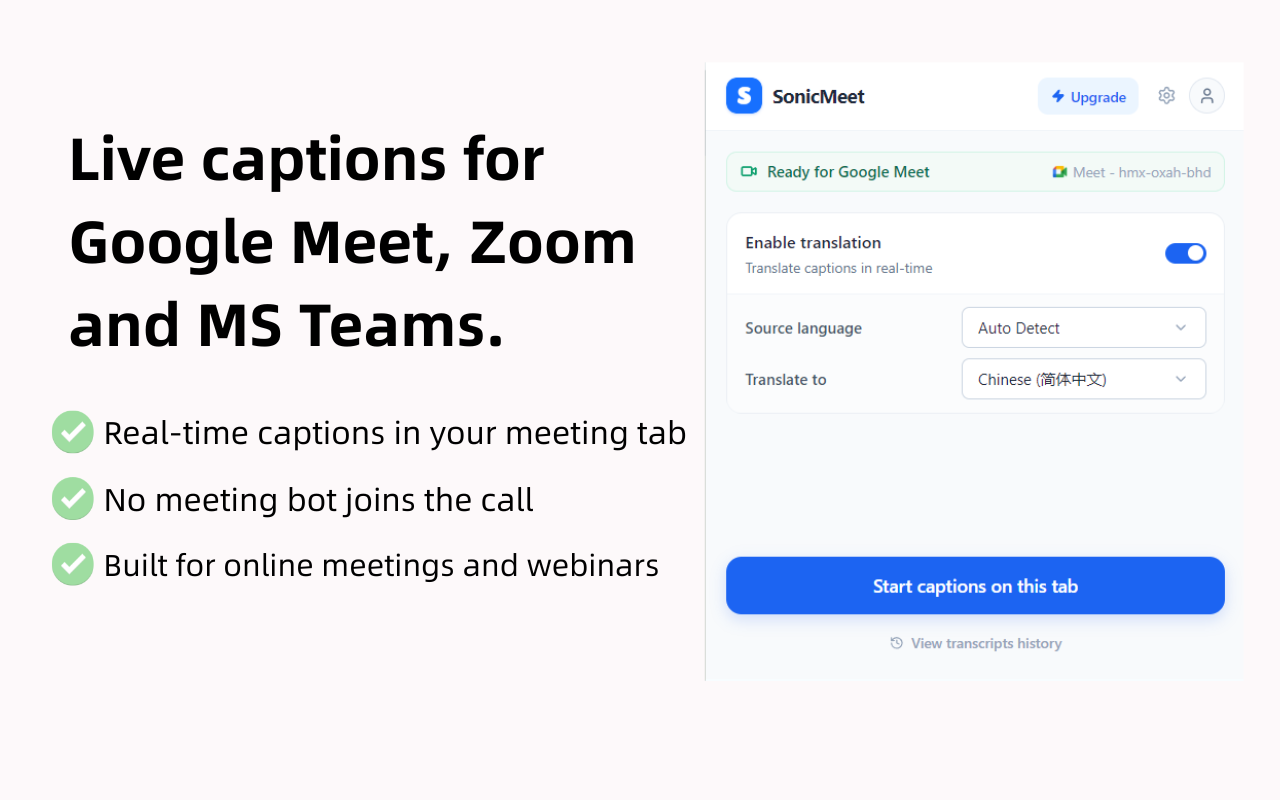Google Meet、Zoom 和 MS Teams 实时字幕与翻译 - 截图 1
