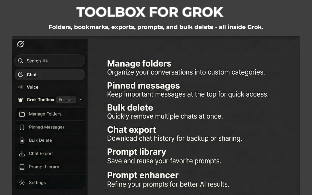 Toolbox for Grok | Folders, Export, Bulk Delete - 截图 3