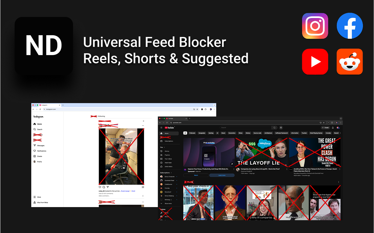 No Distractions - Block Shorts, Reels & Feeds (YouTube, Reddit, Insta, FB) - 截图 1