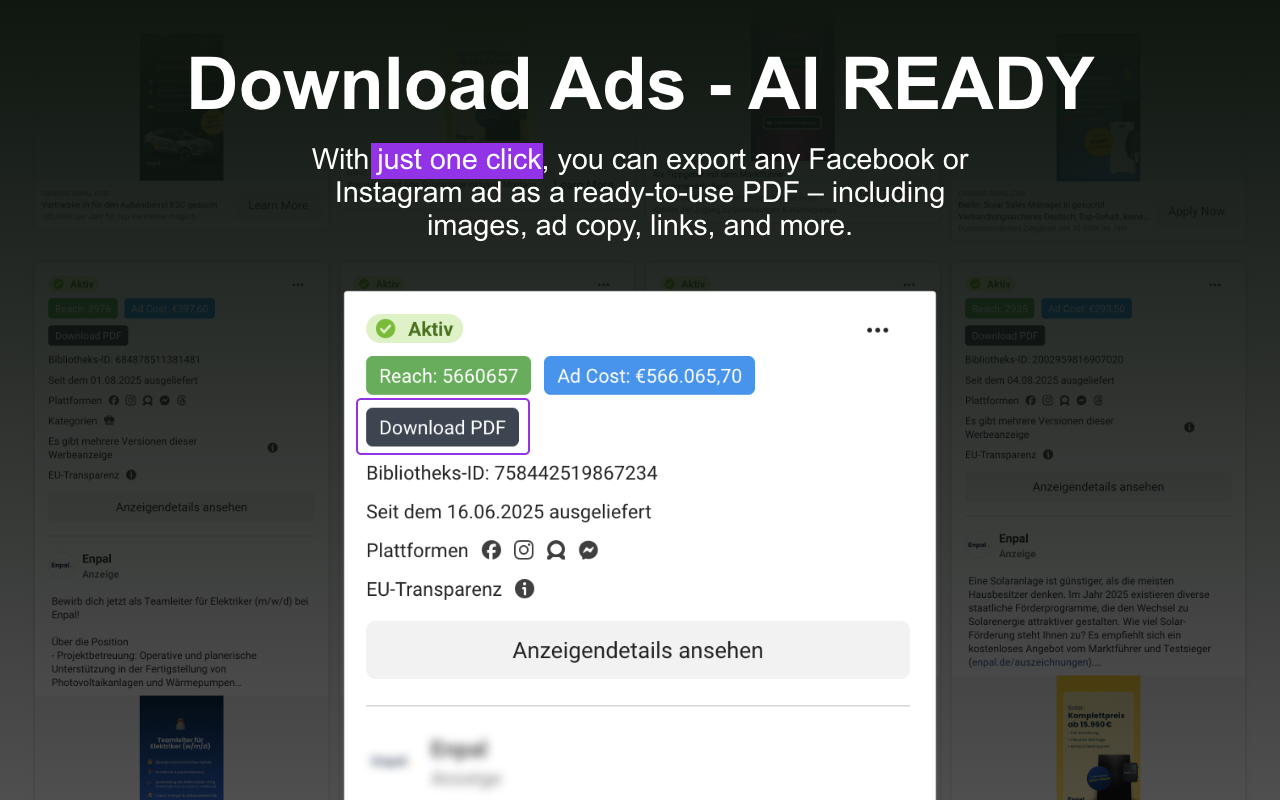 Sort & Download Facebook Ad Library Ads + Unlock Reach & Ad Spend with ALA - 截图 1