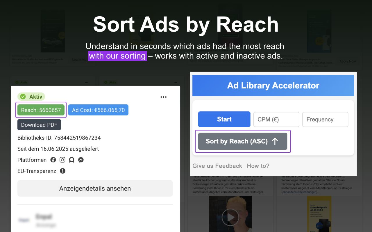 Sort & Download Facebook Ad Library Ads + Unlock Reach & Ad Spend with ALA - 截图 4