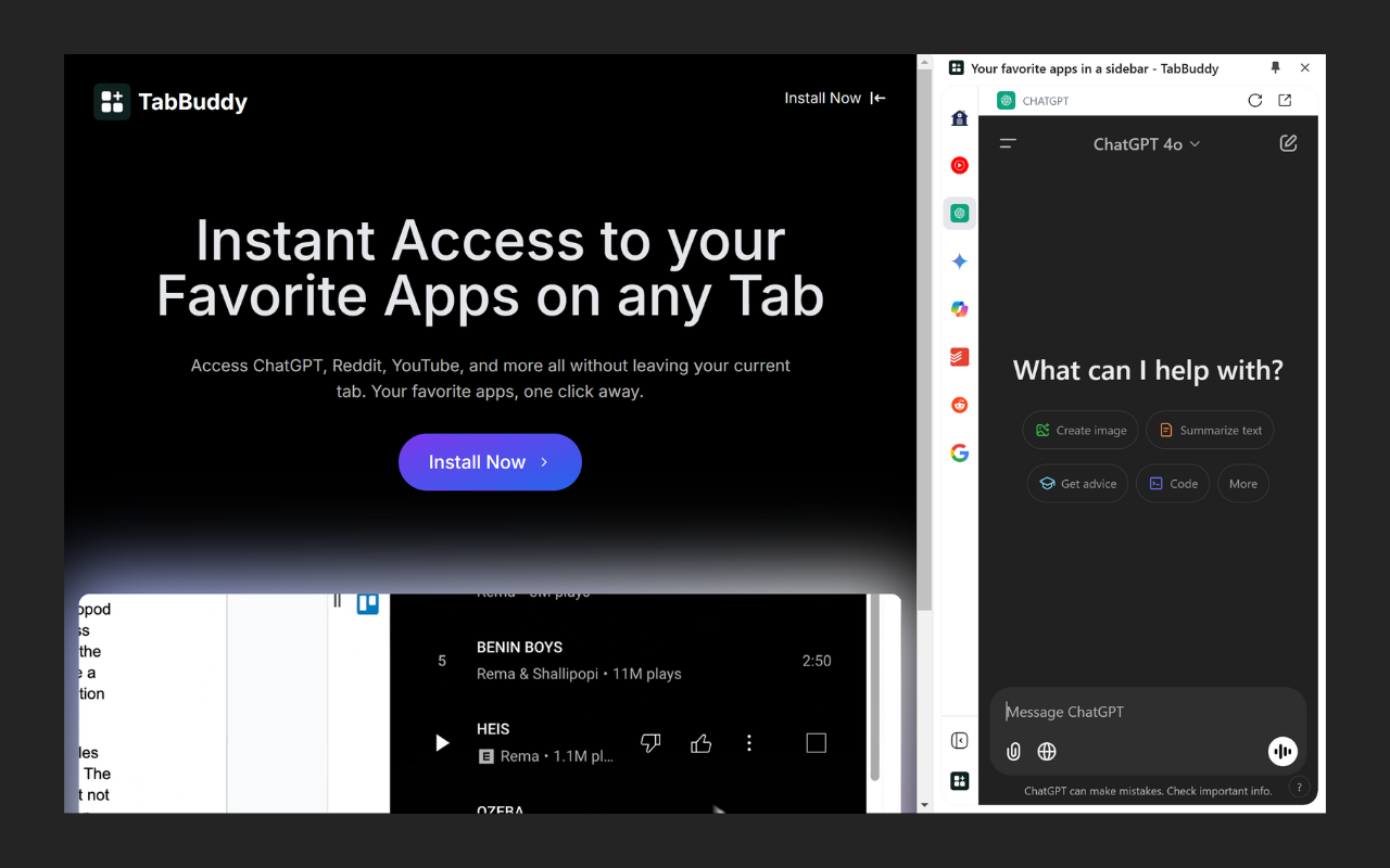 Sidebar & App Launcher for ChatGPT, YouTube, Reddit & More - TabBuddy - 截图 1