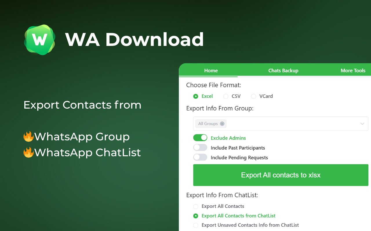 WA Download — WhatsApp 联系人导出、群成员提取与聊天备份(支持 CSV / Excel) - 截图 1
