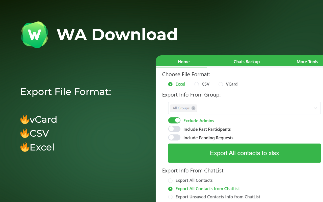 WA Download — WhatsApp 联系人导出、群成员提取与聊天备份(支持 CSV / Excel) - 截图 2