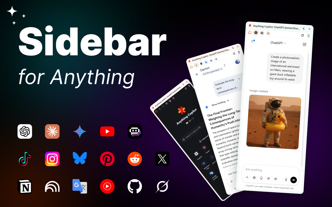 Anything Sidebar: 全能侧边栏,AI,书签,垂直标签页,多标签页侧边栏,分屏 - 截图 1