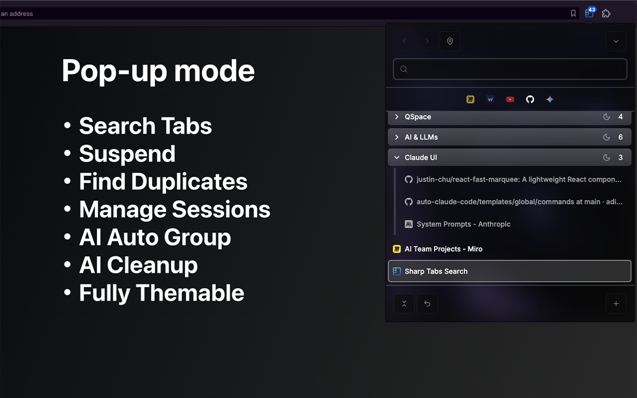 Sharp Tabs v3 - Best Open Source All-in-1 Tabs Manager (Vertical & Pop-up)! - 截图 1