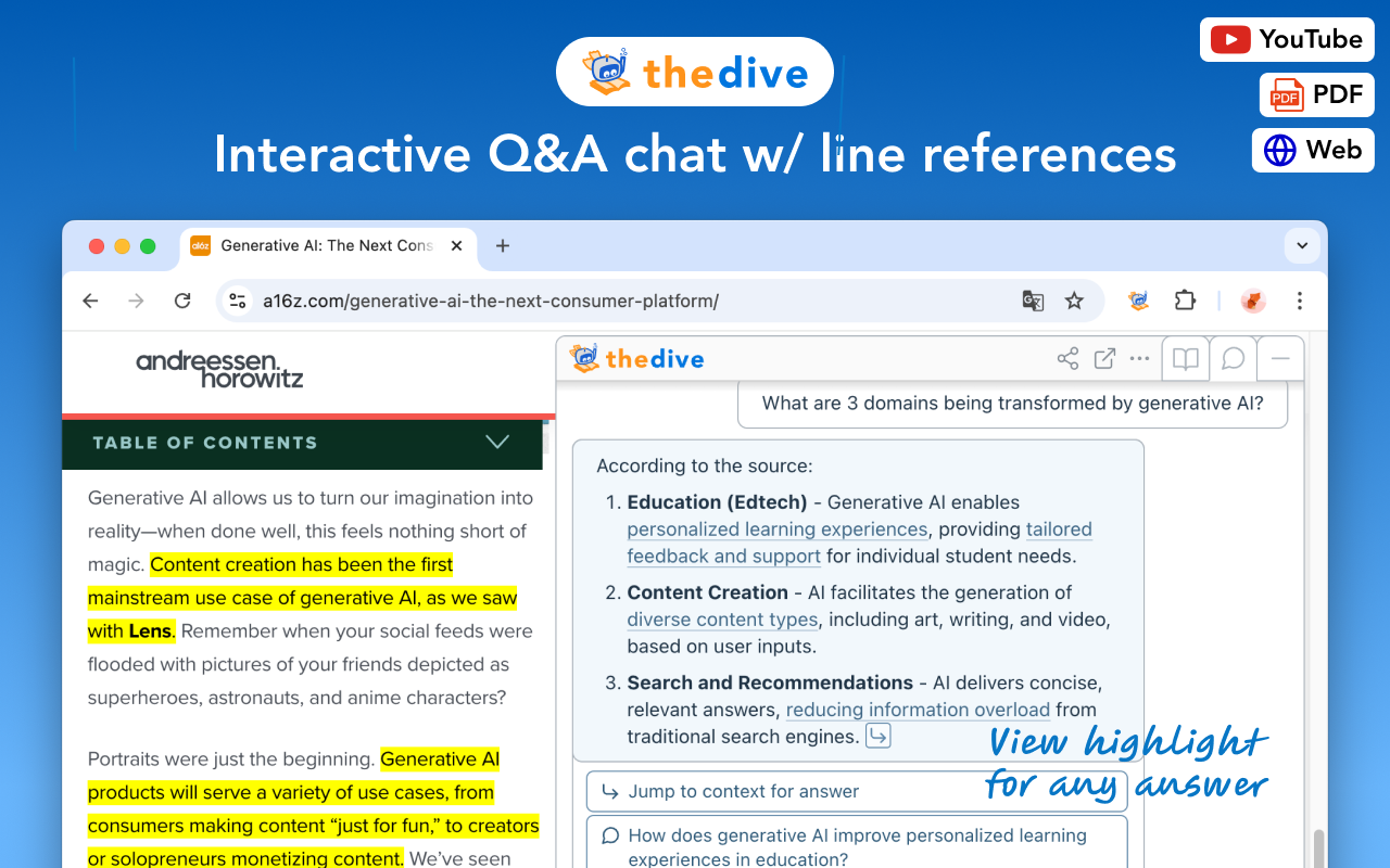Dive: AI Summarizer for YouTube, PDF & Web — Interactive & Privacy-First - 截图 2