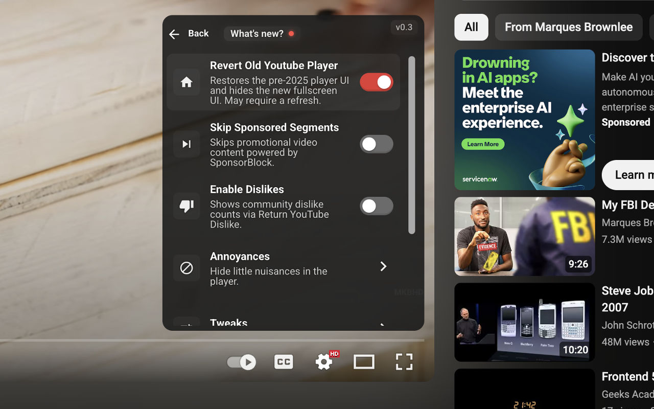 OldYTPlayer | YouTube Old Player UI + Minimal Tweaks - 截图 1