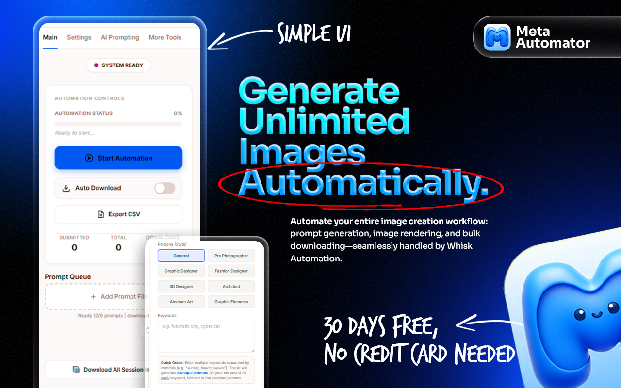 Meta automator: Bulk Image, Video Generator & Auto prompt for Meta AI - 截图 3