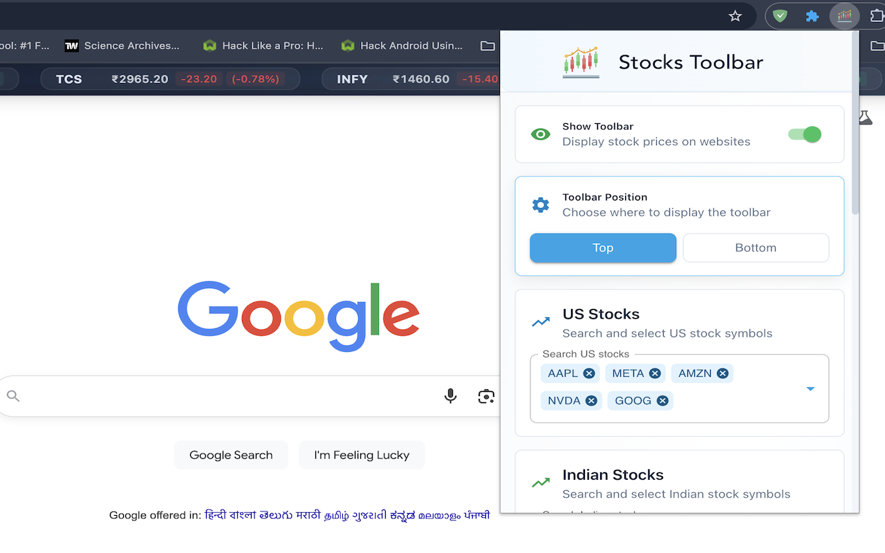 Realitime US & Indian Stock Prices Toolbar - 截图 1