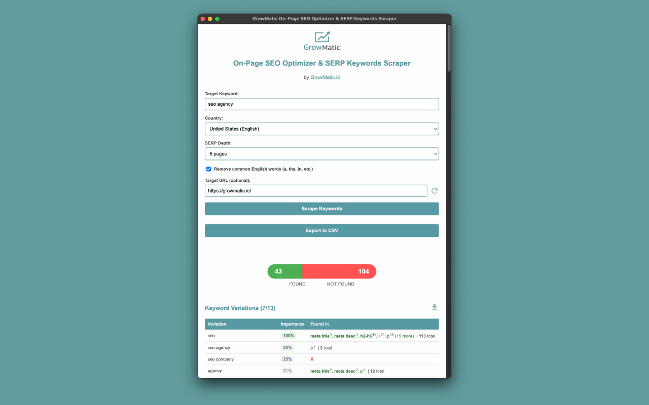 GrowMatic On-Page SEO Optimizer & SERP Keywords Scraper - 截图 1
