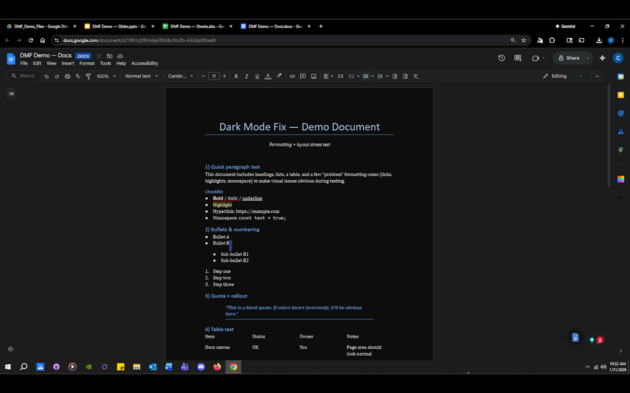 Dark Mode Fix for Google Docs, Sheets & Slides - 截图 1