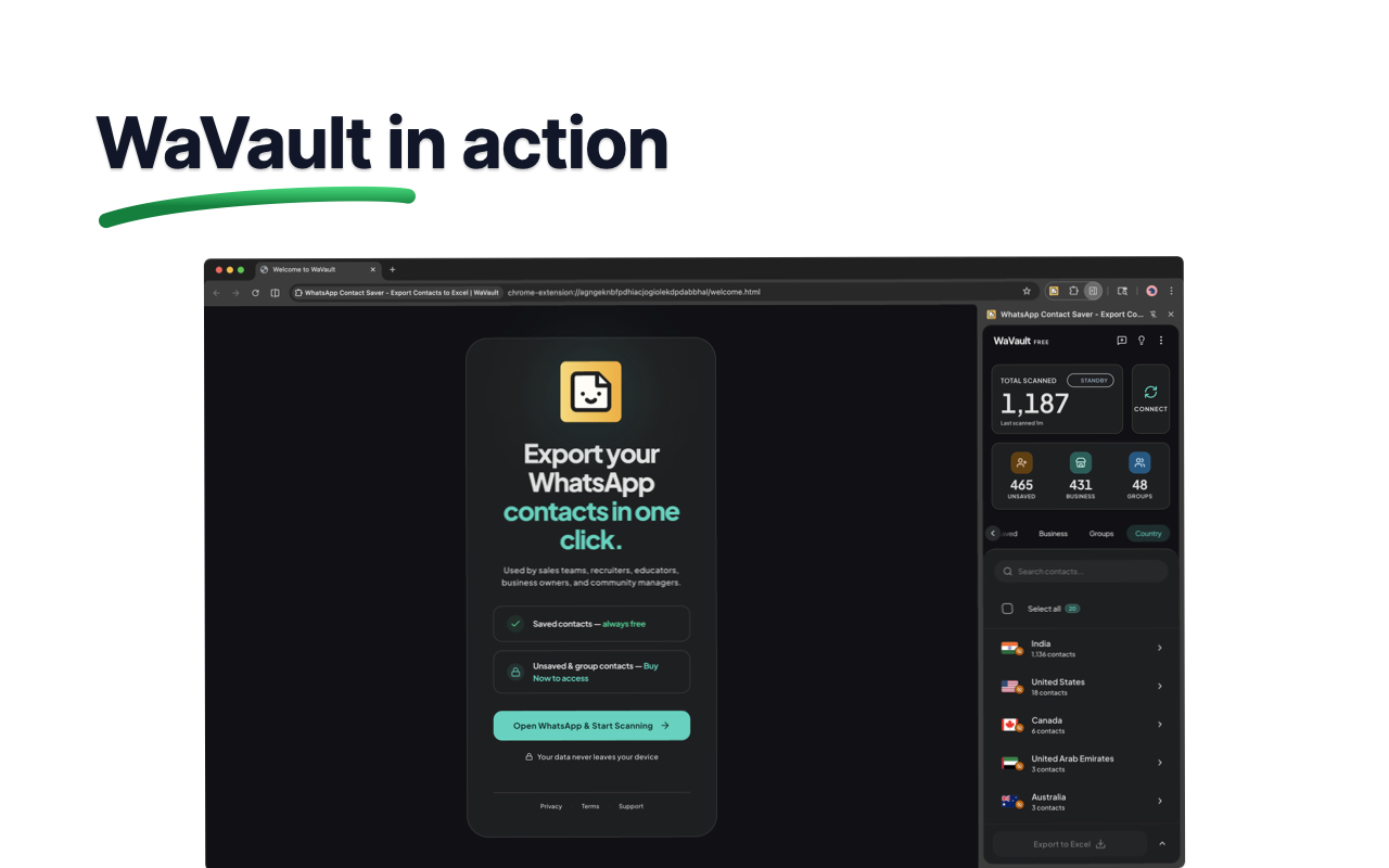 导出 WhatsApp 联系人到 Excel | 群成员提取工具 – WaVault - 截图 1
