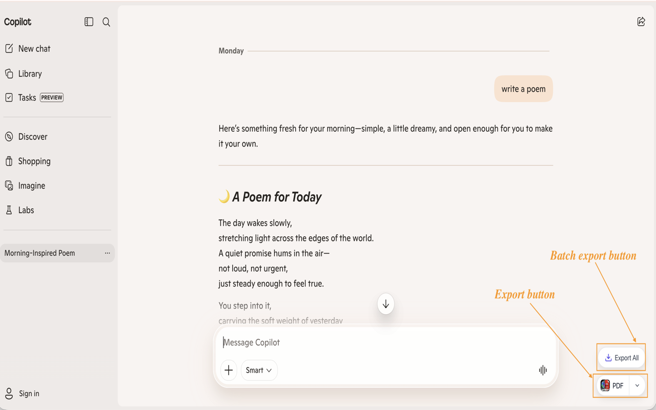 Microsoft Copilot to PDF: 将 Microsoft Copilot 聊天导出为 PDF、Markdown、JSON - 截图 3