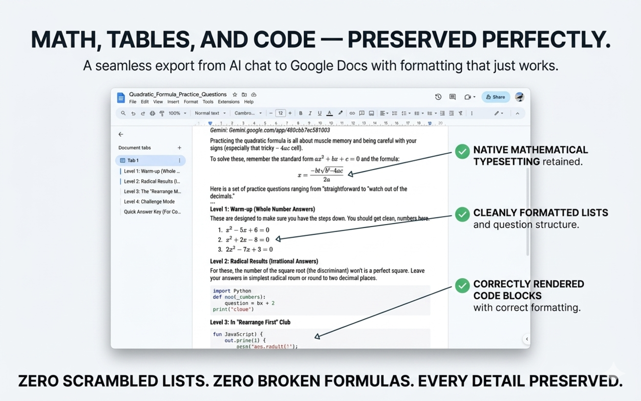 ChatGPT to Google Docs: Export Gemini, Claude (Math, Code) - 截图 1