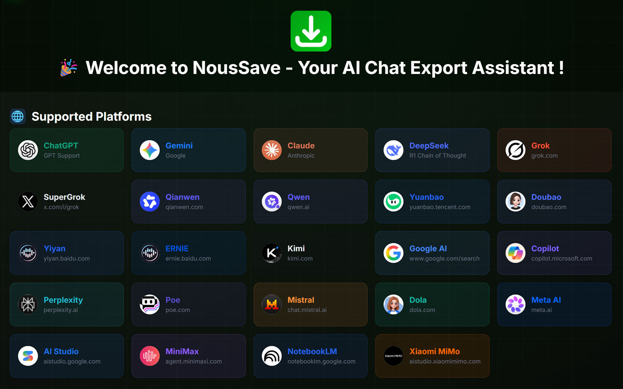 NousSave: 导出ChatGPT、Gemini、DeepSeek、Claude、Grok、千问、元宝、豆包对话 - 截图 1