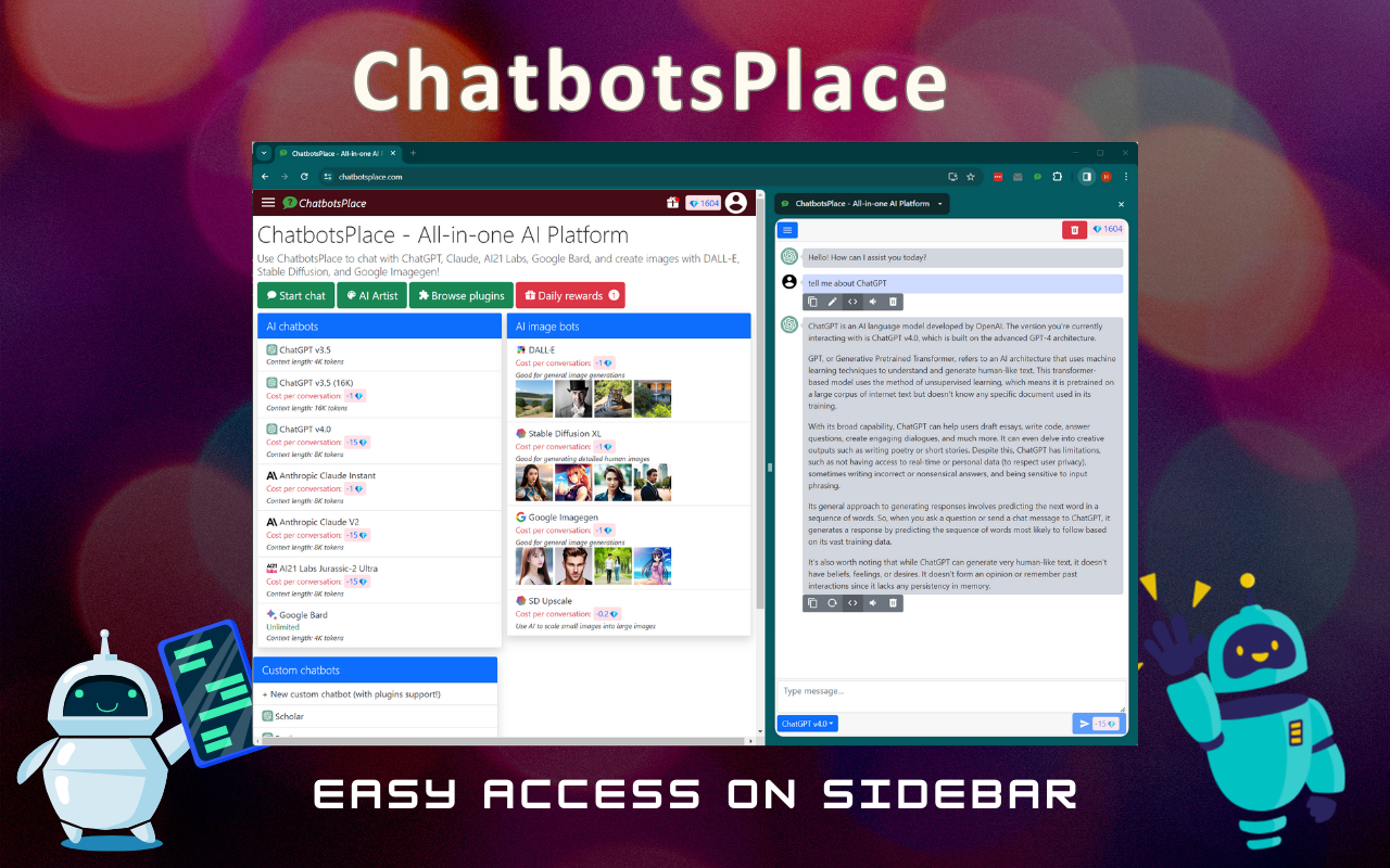 ChatbotsPlace:一体化AI侧边栏(ChatGPT、Claude和Gemini) - 截图 1
