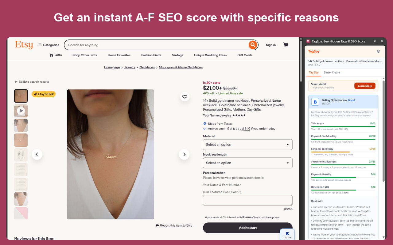 TagSpy: 查看任何Etsy商品的隐藏标签和SEO评分 - 截图 2