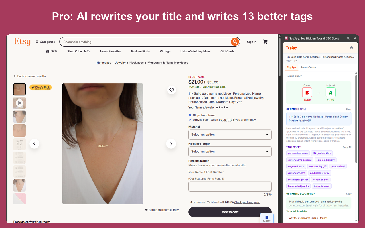TagSpy: 查看任何Etsy商品的隐藏标签和SEO评分 - 截图 3