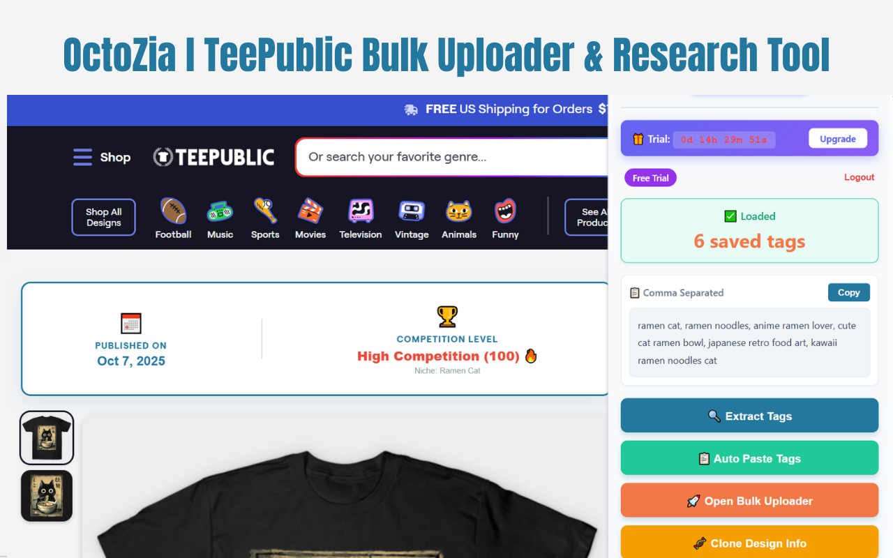 OctoZia | TeePublic Bulk Uploader & Research Tool - 截图 1