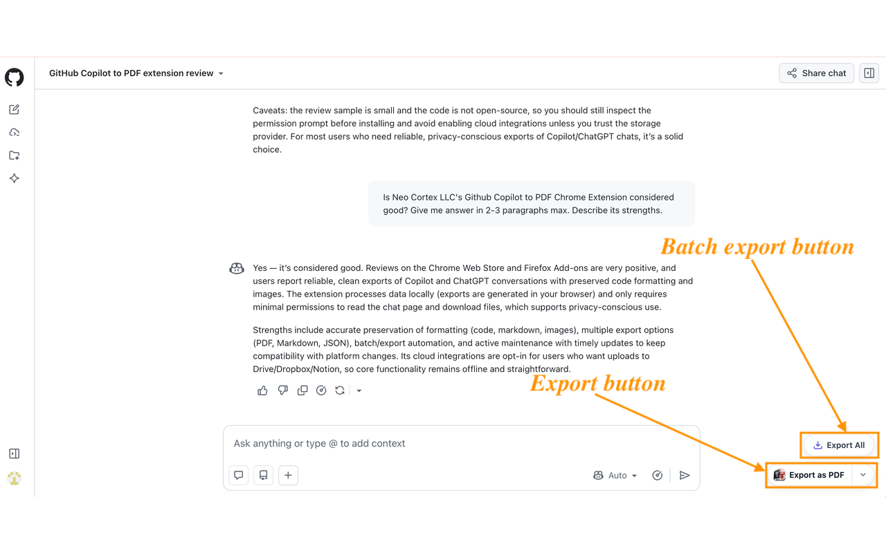 GitHub Copilot 的导出器：将 GitHub Copilot 聊天导出为 PDF、Markdown - 截图 3