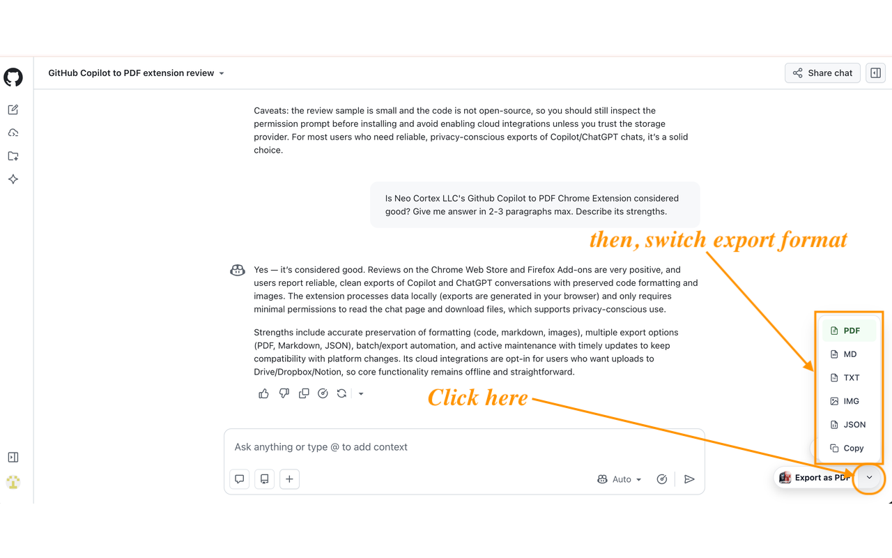 GitHub Copilot 的导出器：将 GitHub Copilot 聊天导出为 PDF、Markdown - 截图 5