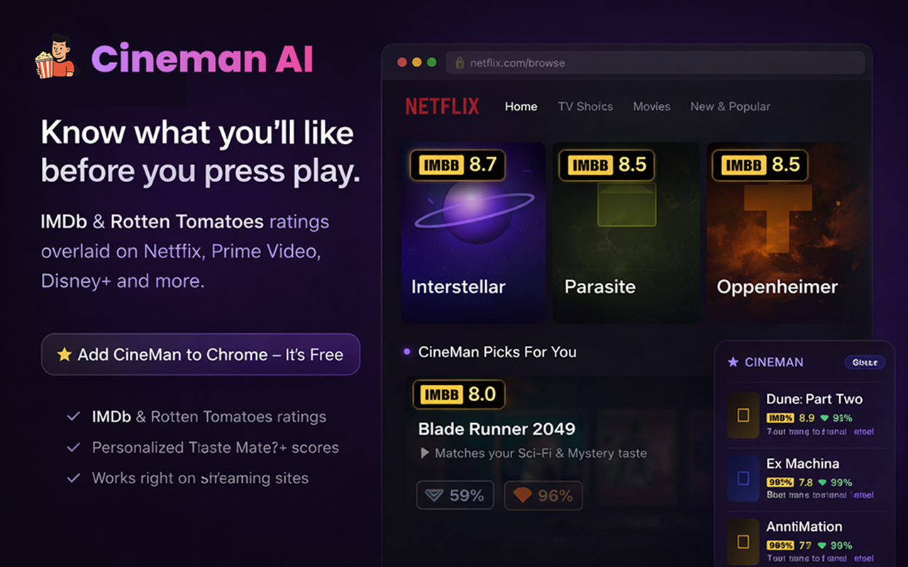 CineMan AI: IMDb & RT Ratings on Netflix, Prime & Disney+ - 截图 2