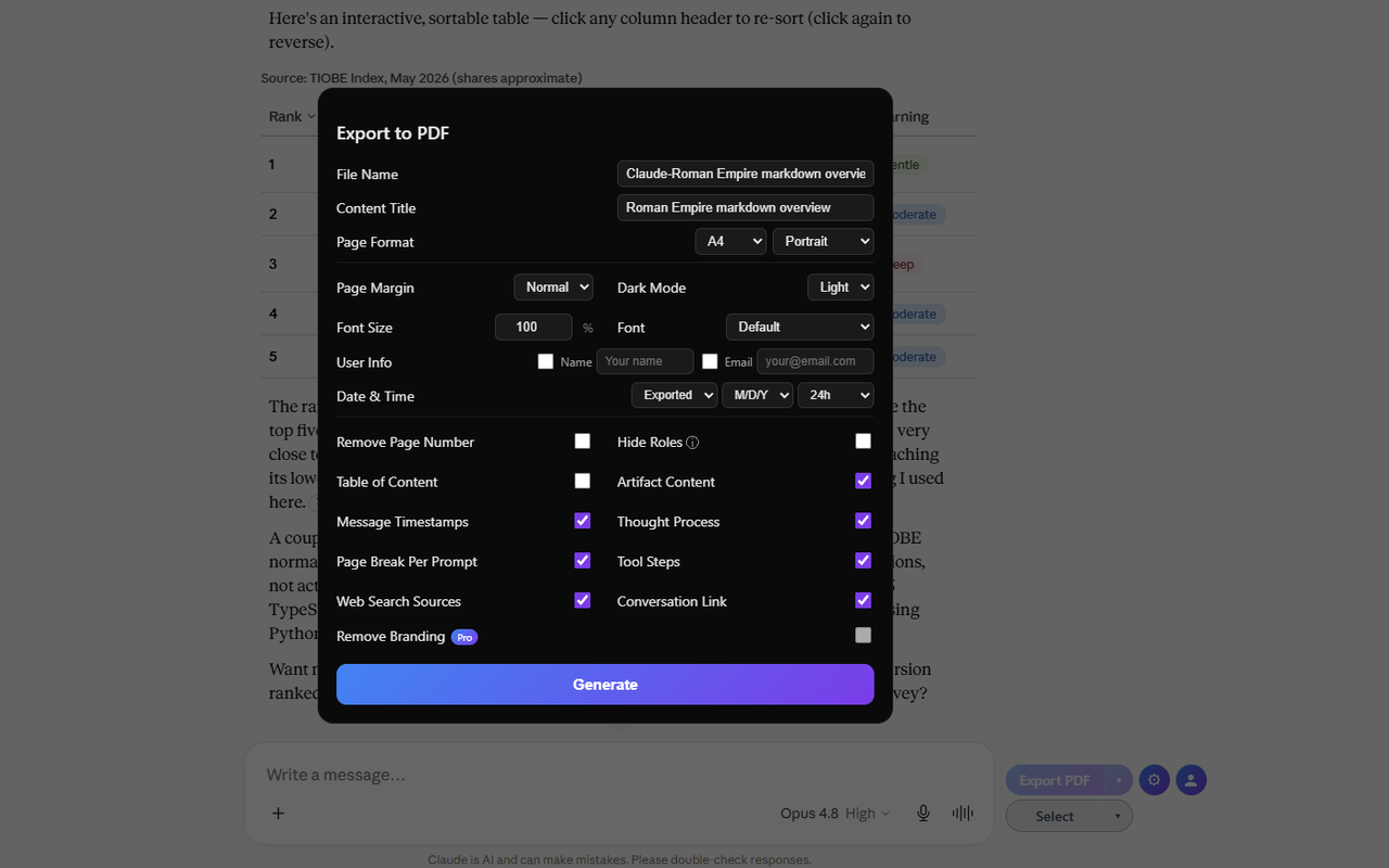 Claude Chat Export — 导出为 PDF、MD 等格式 - 截图 1