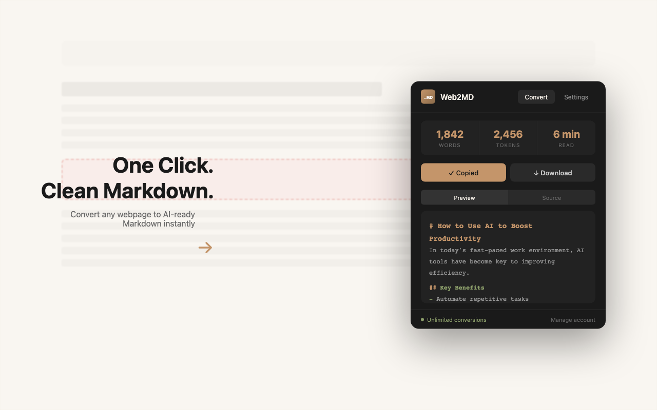 Web2MD - 网页转 Markdown,专为 AI 准备 - 截图 1