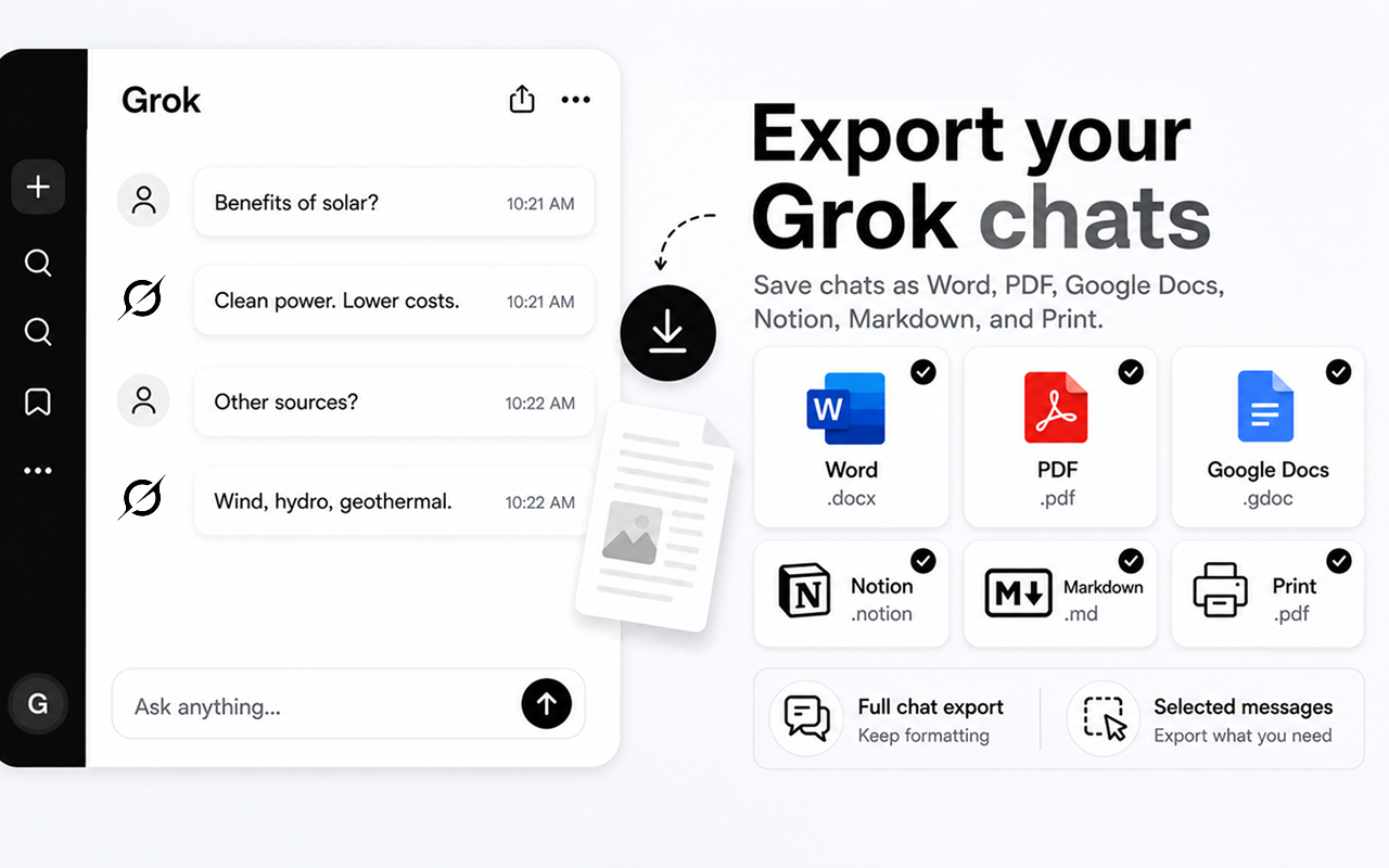Grok 聊天导出器:保存为 PDF、Word、Docs、Notion - 截图 2