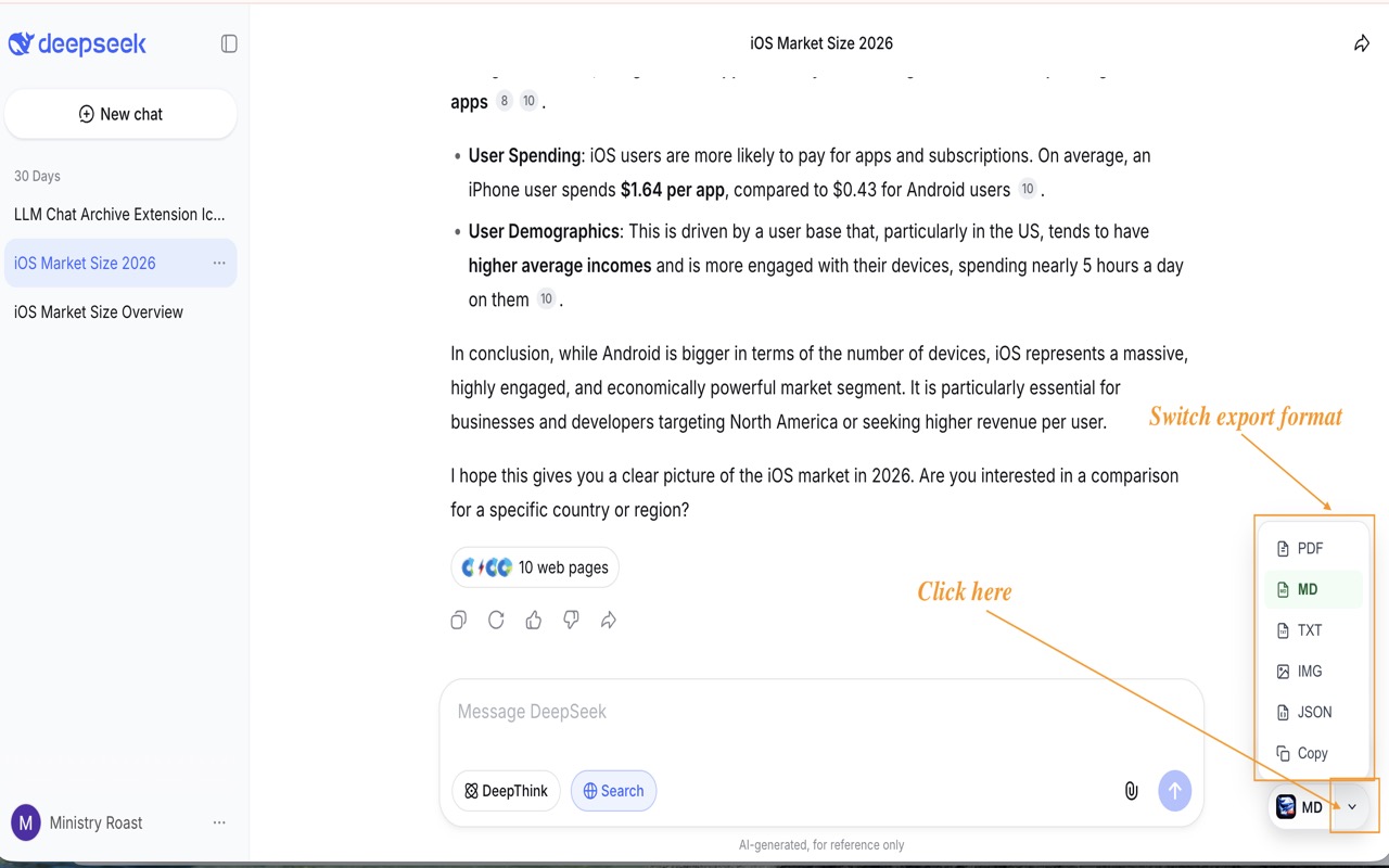 DeepSeek 到 PDF：将 DeepSeek 聊天导出到 PDF、Markdown、JSON - 截图 3