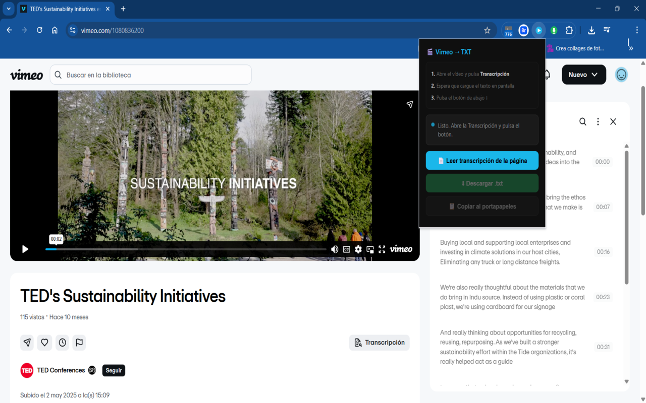 Vimeo Transcript Downloader (TXT) - 截图 1